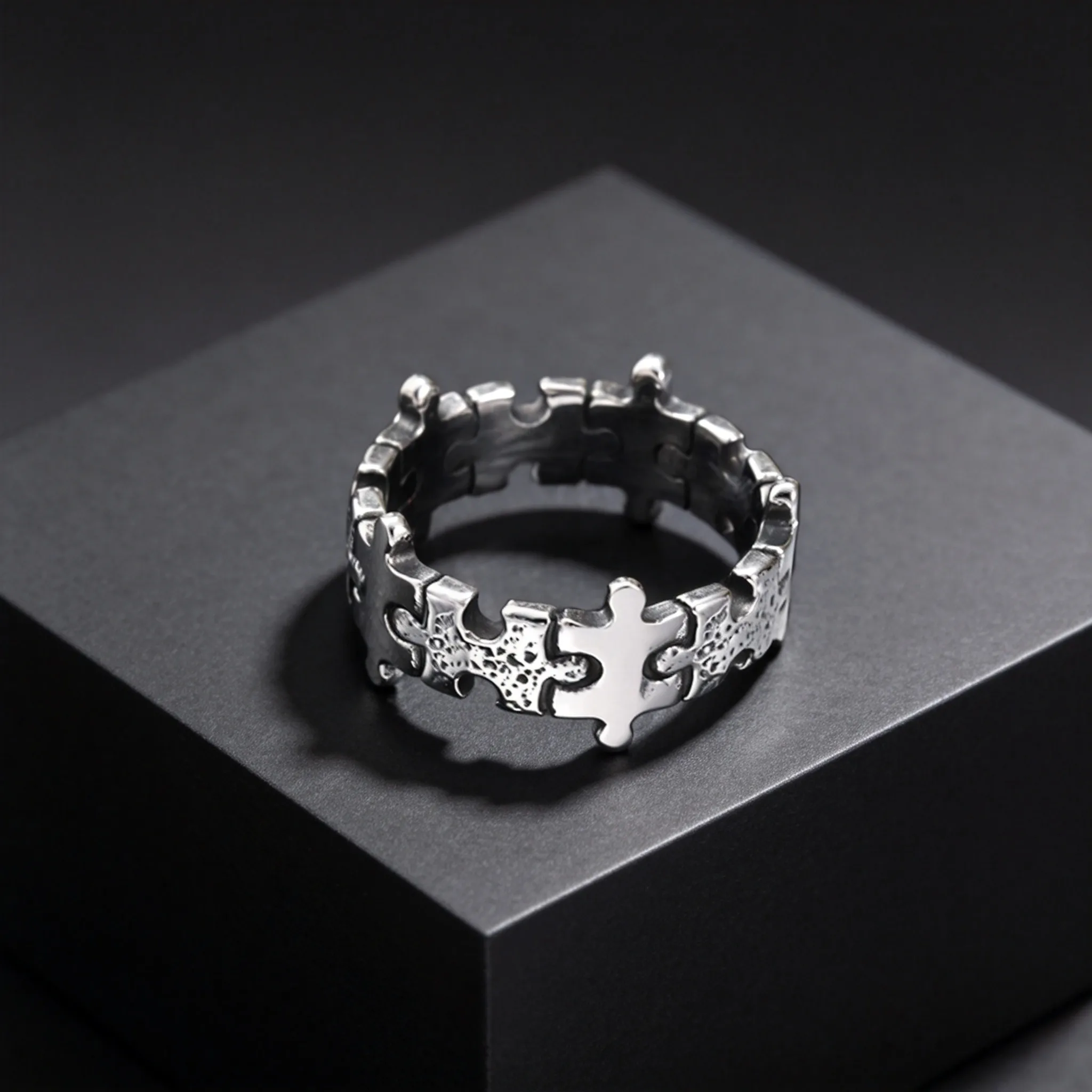 Simple Creative Silver Color Stainless Steel Hammered Jigsaw Puzzle Ring for Men Stylish Punk Finger Jewelry Size 7-11