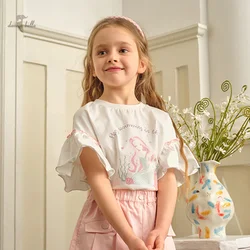 Dave Bella Kid Girl White Print Tshirt Short Sleeve Round Neck Casual T-Shirt 100% Cotton Summer Children Top DK2240938