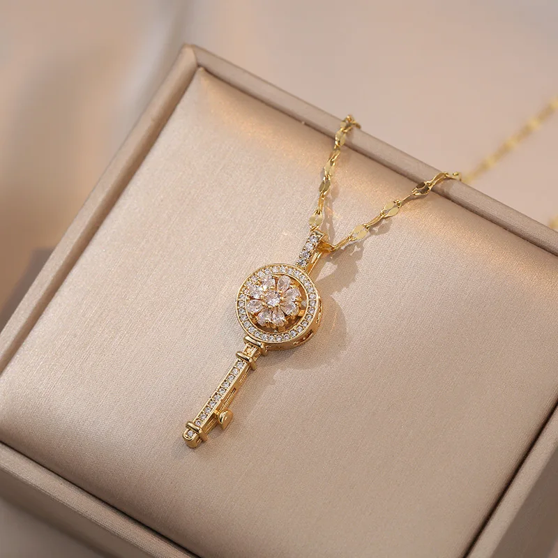 Stainless Steel White CZ Crystal Key & Lock Charm Pendant Necklaces Bohemia Heart Link Chain Necklace For Women view 6