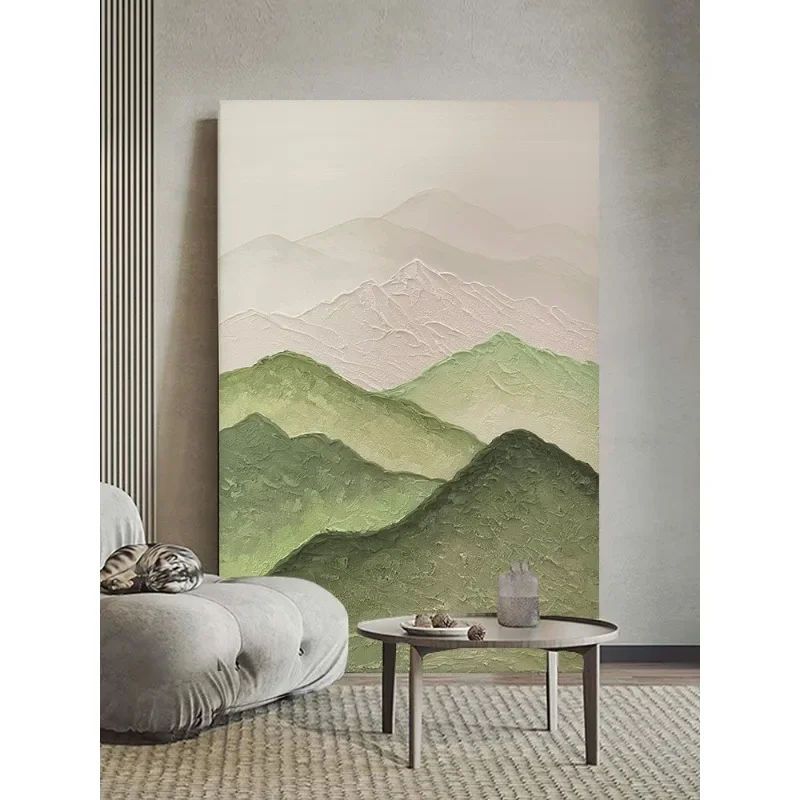 

Cream wind back has a high-end sense of backing, hand-painted oil painting, green mountain seat, living room decoration