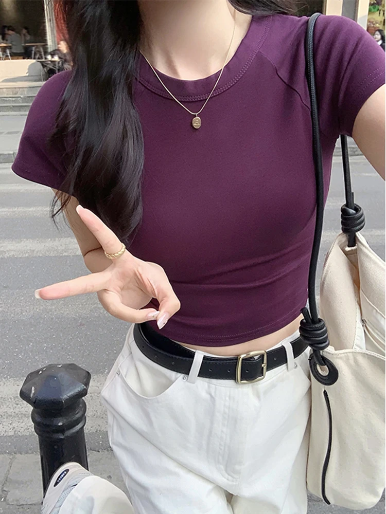 AOSSVIAO 2024 Sexy O Neck Slim T Shirt Women Cotton Elastic Basic Solid Female Casual Korean Tops Short Sleeve Thin T-shirts