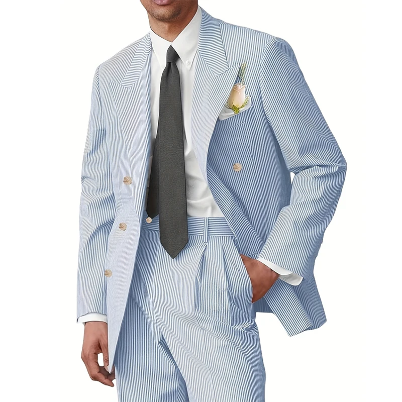 

Men's Suits High Quality Men's Seersucker Suits 2 Piece Summer Double Breasted Casual Blazer Dress Pants Men Formal Wedding Suit