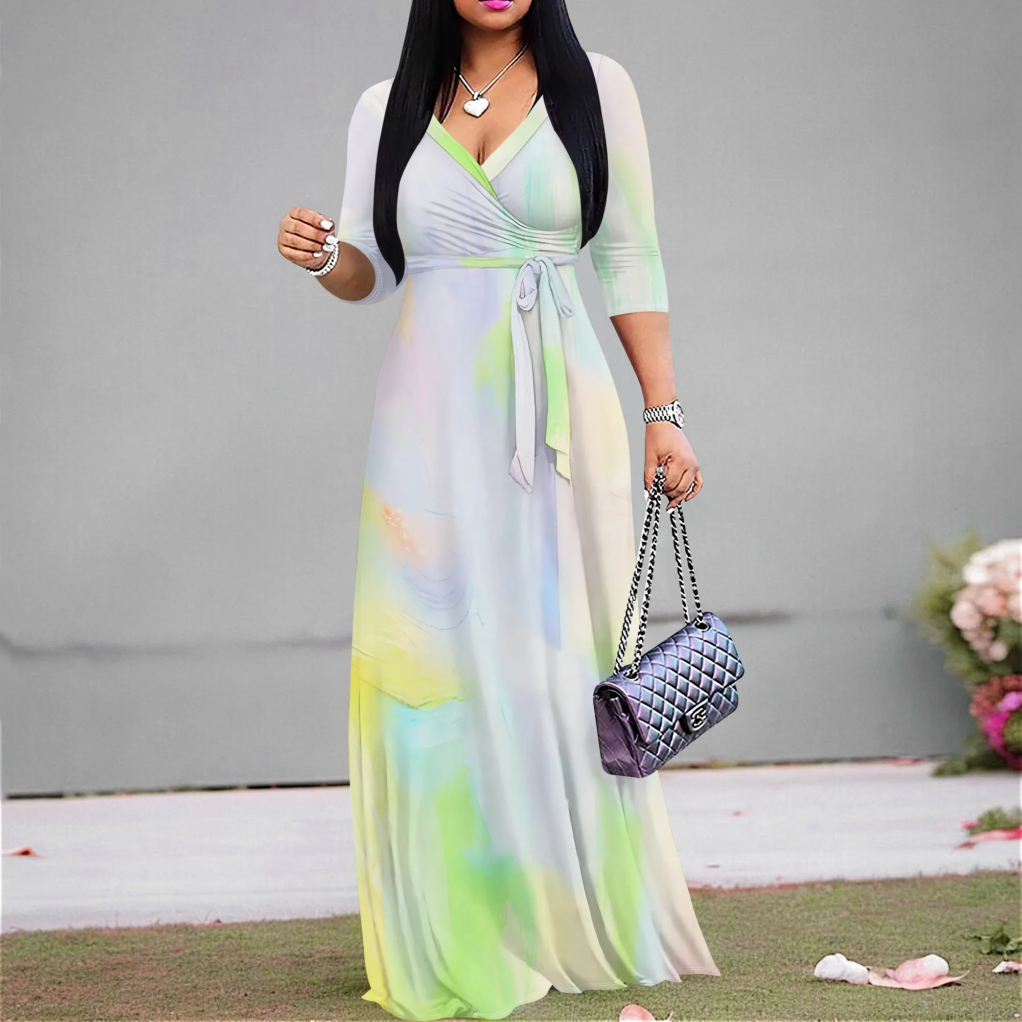 

Women's Summer Maxi Dress Tie Dye Wrap V-Neck S-3XL High Waist Half Sleeve Party Dress Casual Elegant Flowy Gown