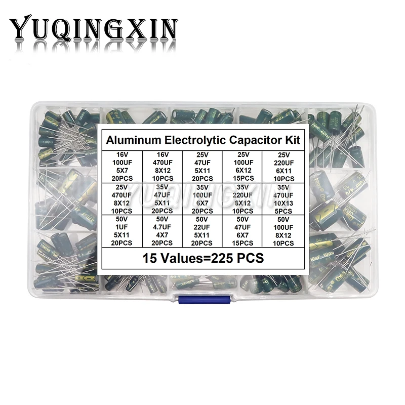 

225pcs/Box High Frequency Low ESR Aluminum Electrolytic Capacitor Kit 15Values 16V-50V 1uF-470uF Capacitance DIP Assorted Set