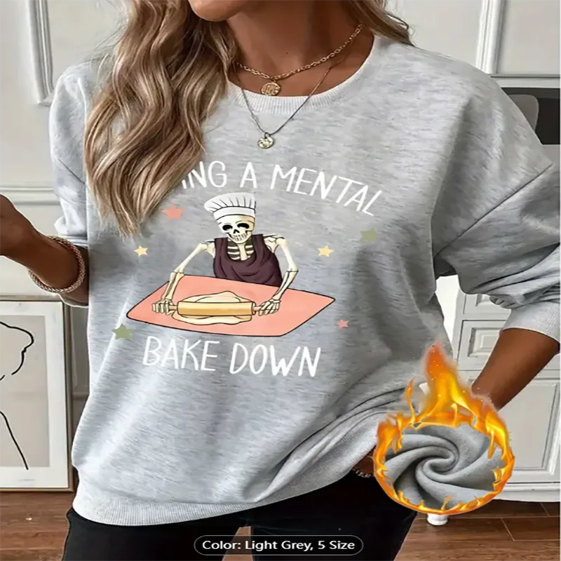 

Женская светло-серая толстовка с надписью «Mental Bake Down Skeleton Baker» с графическим принтом на флисовой подкладке, повседневная с длинными рукавами из чистого хлопка