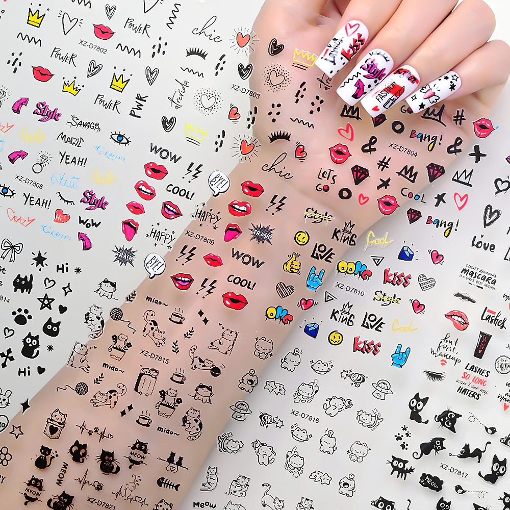 30 Stück/Set 3D Cartoon Katzen Nagelkunst-Aufkleber Schwarze Graffiti Tier Schleife Stern Herz Nagelsticker Kawaii Selbstklebende Maniküre-Slider