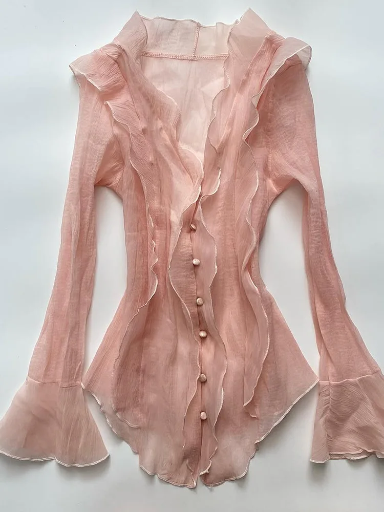 

Оригинальный дизайн, розовая рубашка с длинным рукавом и кружевным подолом, новинка ранней весны, женская повседневная хлопковая рубашка в стиле ретро