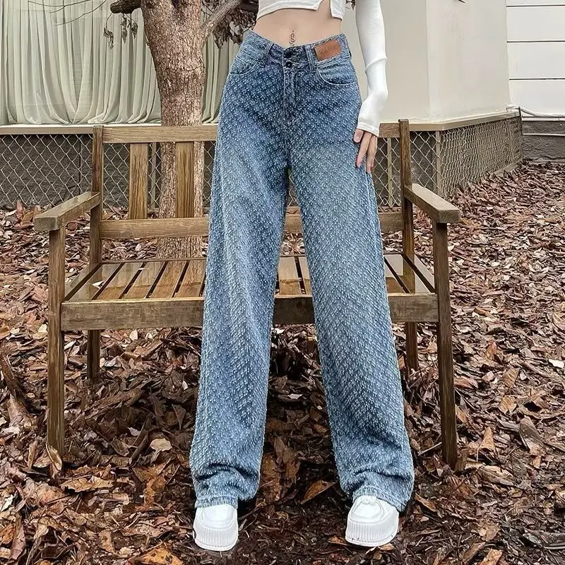 Woman Open Crotch Jeans Dot Decor Female High-Waist Wide-Leg Sexy Pants Hidden Zippers Clubwear Crotchless Cloth Trousers
