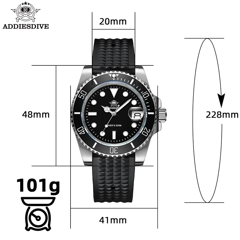 ADDIESDIVE Quartz watch Diving 200M C3 BGW9 Super Luminous Ceramic Bezel Luxury Stainless Steel Rubber Strap Sport Men Watches