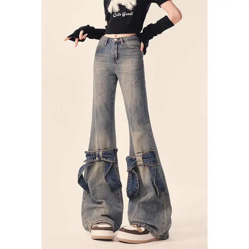 

Retro American Embroidery High Waist Thin Jeans Women's Spring Autumn New Sle Floor-Length Pants Ladies Jeans