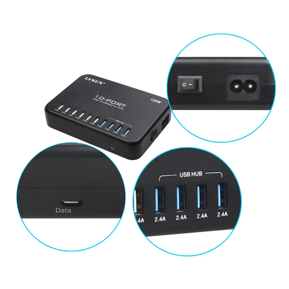 120 واط 10 منفذ USB شاحن لباد آيفون 11 10 8 ، غالاكسي ، شاومي ، Matebook Htc ، موتو LVSUN فولت 24A عالية السرعة العالمي سطح المكتب