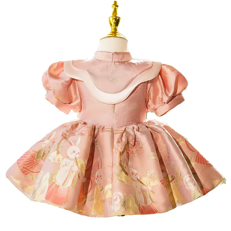 Pink Toddler Girl's Birthday Party Dress Bunny  Jacquard Satin Ball Gown with Detachable Shawl for 1, 2, 3, 4Y Kids