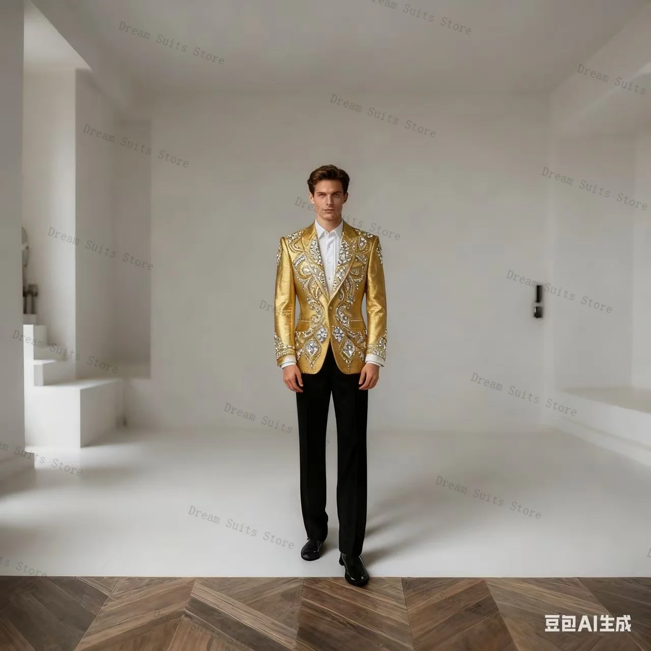 

Groom Golden Men Suit Set 2 Piece Crystals Blazer+Pants Trousers Cotton Customized Formal Office Jacket Wedding Tuxedos Coat