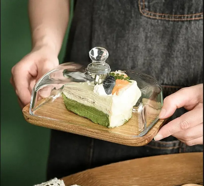 Plato Rectangular de Madera para Pastel, Postre, Fruta, Merienda, con Tapa de Vidrio, para Restaurante, Hogar y Cocina