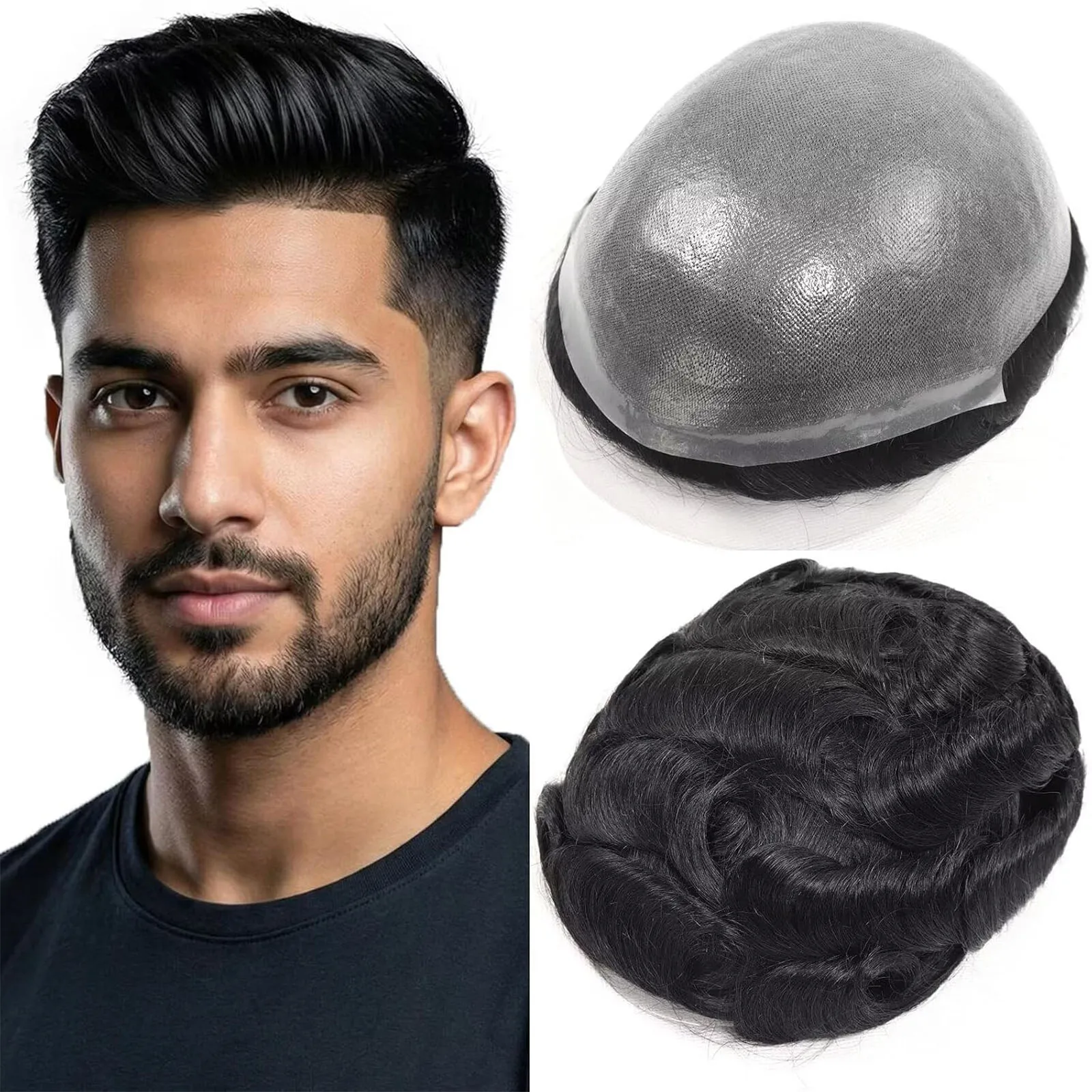Toupee for Men 8x10 Size PU Base Super Thin Skin 0.03MM Virgin Human Hair Toupee System Jet Black Color 1# Men's Toupee Hair System