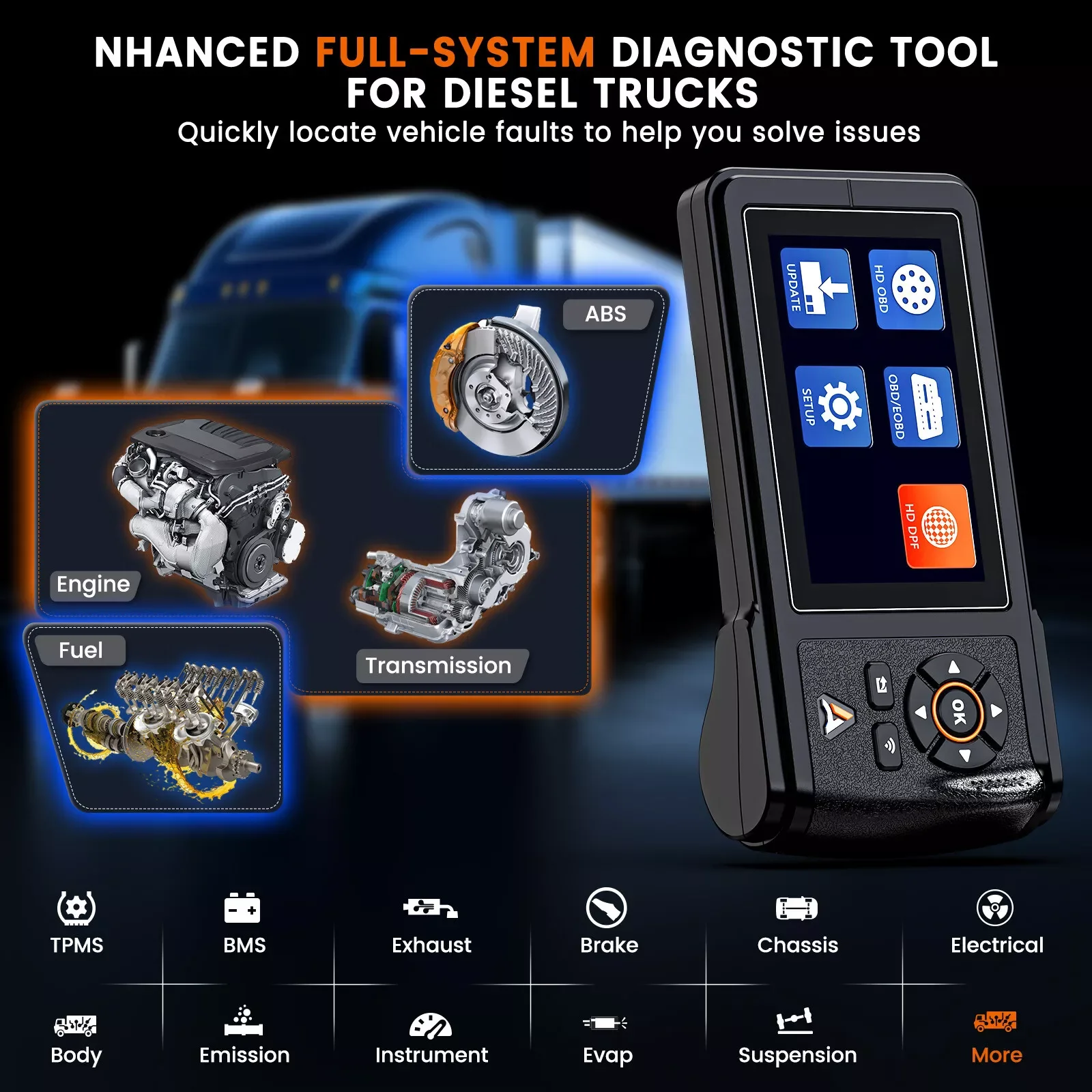 Scanner HD OBD OBD2 ANCEL HD430, outil de Diagnostic de camion robuste, moteur DPF Regen pour Scanner de camion de service Cummins Caterpillar