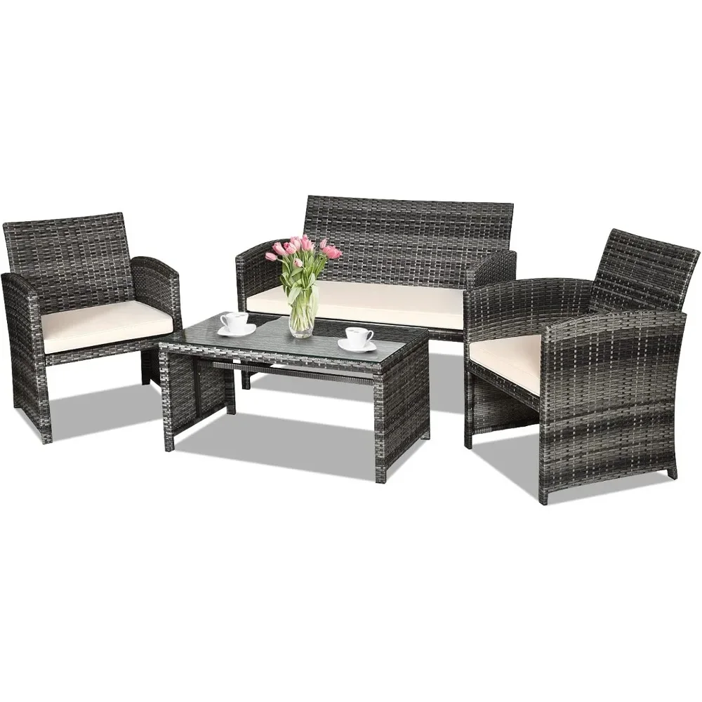

4-Piece Rattan Patio Furniture Set, Outdoor Wicker Sofa with Weather-Resistant Cushions