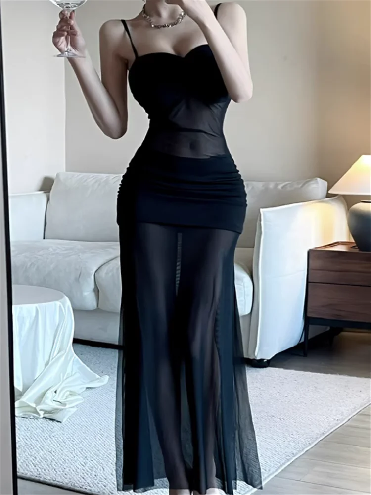 Preto branco transparente pura malha retalhos vestido longo sexy feminino alta divisão slash neck bodycon cinta deslizamento longo vestido de festa