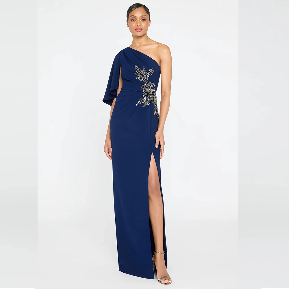 One Shoulder Sleeve Mother of the Bride Dresses for Women Luxury Navy Blue Beaded Wedding Guest Dress Side Slit Party Gowns Long