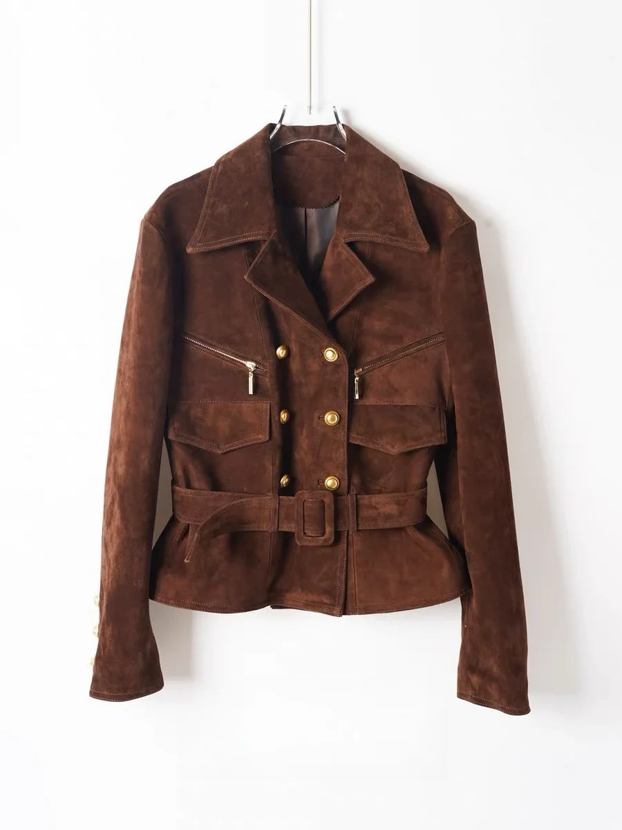 Kurtka damska retro z prawdziwej skóry zamszowej, kołnierz, kieszenie, 100% skóra owcza, dopasowany krój, z paskiem.