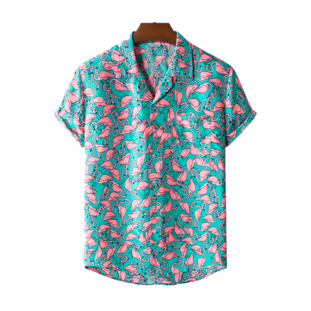 Seaside Vacation Quick-drying Clothes Loose Floral Tops Hawaiian Flamingo Print Beach Shirts Men\'s Short-sleeved Casual Shirt