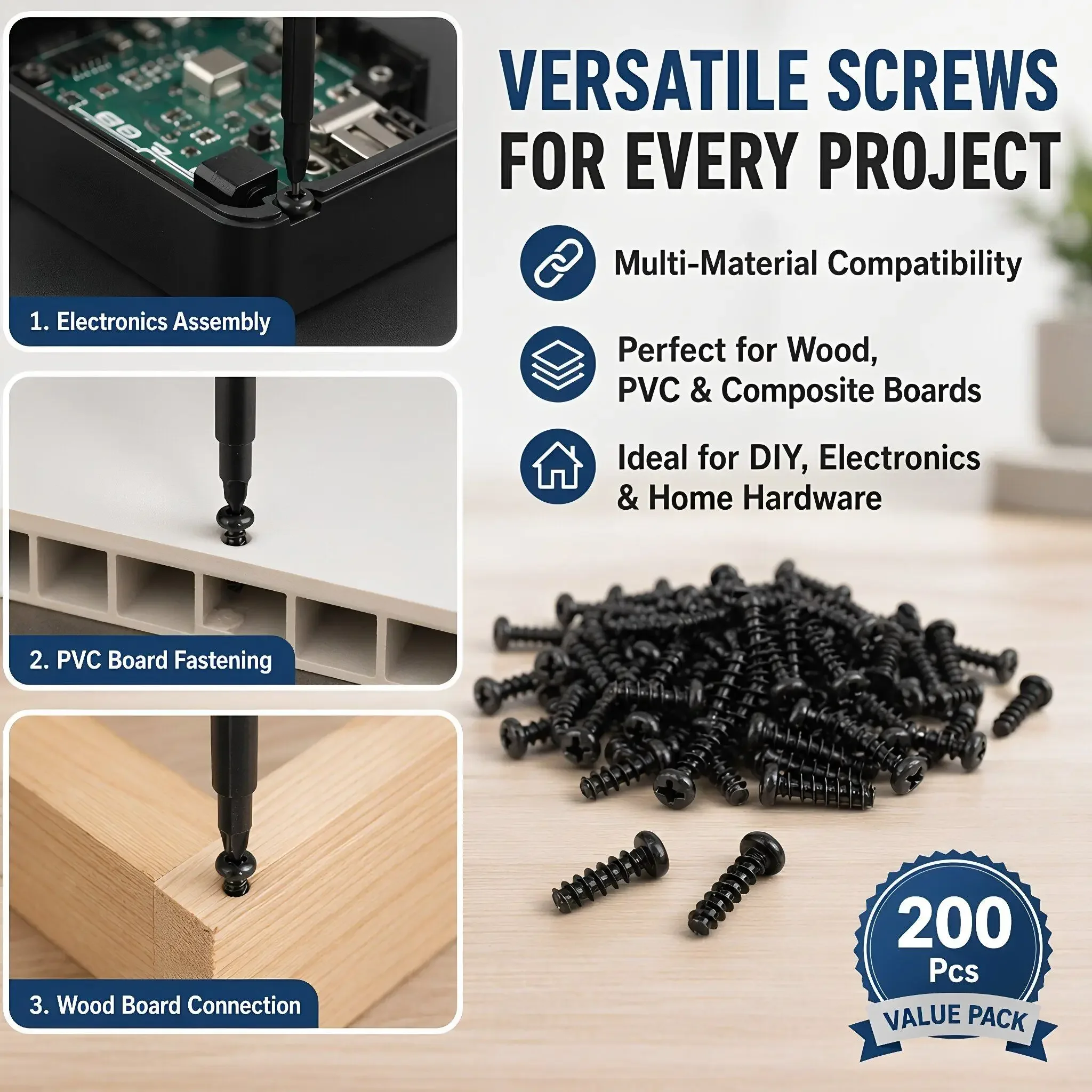 yes200Pcs Pan Head Self Tapping Screws M4x14mm Cross Pan Head Self-Tapping Screws Threaded Round Flat Tail Black Wood Mini Bolt