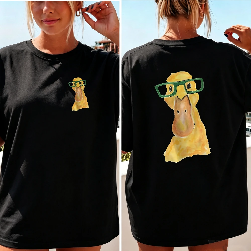 Women Hand Drawn Yellow Duck with Green Glasses Front Back Double Sided T Shirt Funny Nerdy Duck Cartoon Cotton Humor Daily Tops
