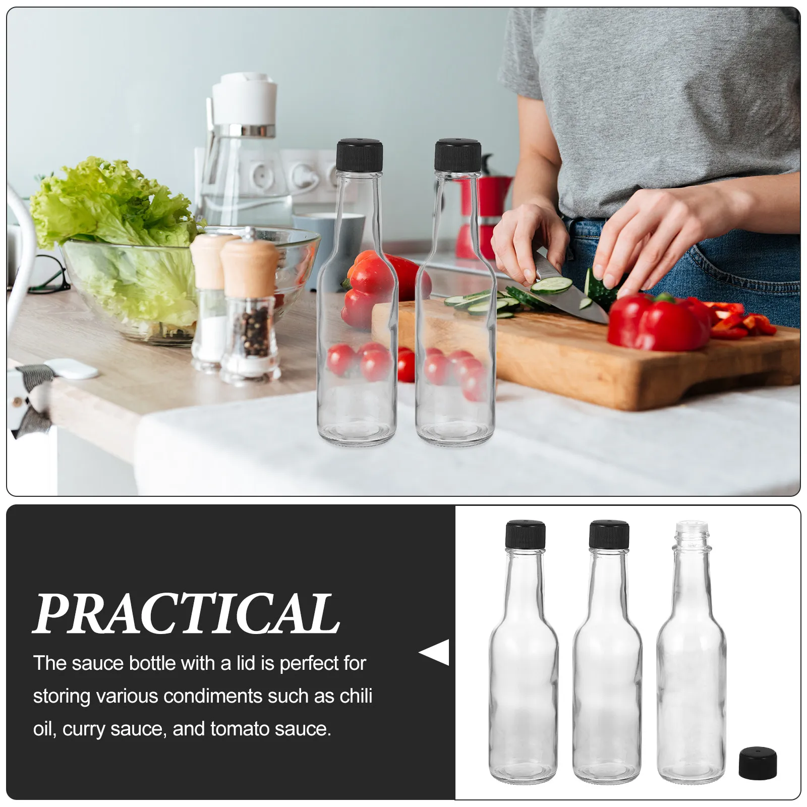 Juego de 6 Botellas de Vidrio para Salsas con Tapas Herméticas para Aceite de Chile, Curry, Salsa de Tomate, Aderezo para Ensaladas, Mermelada, Almacenamiento, Cocina, Picnic, Viajes