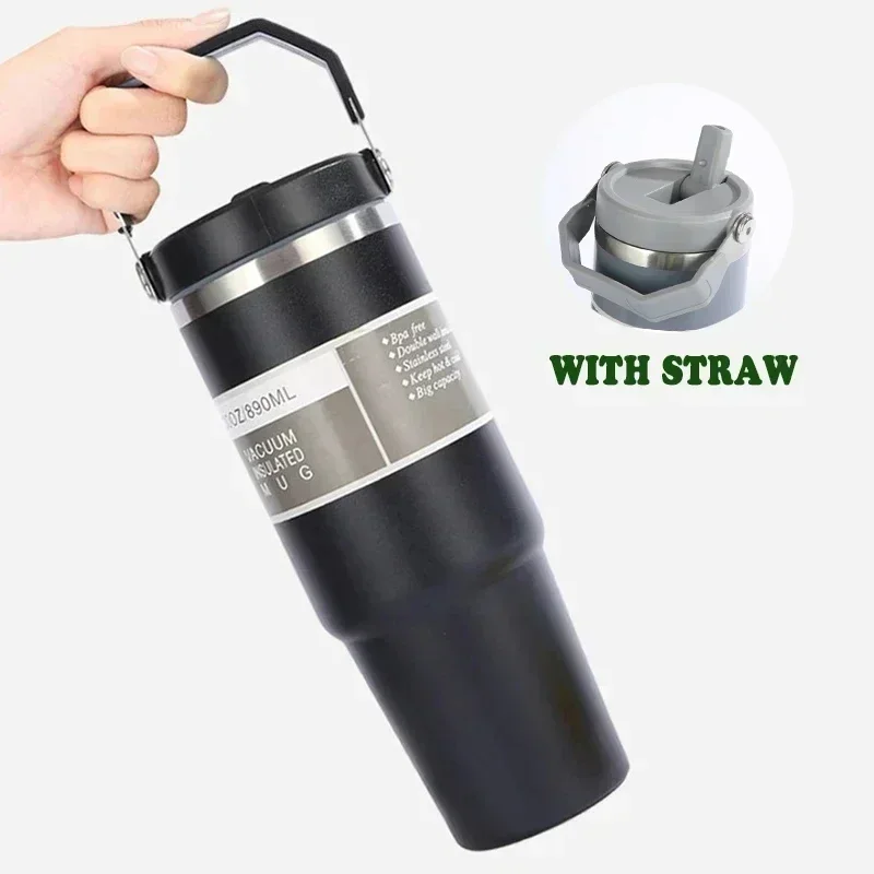 30oz Large Capacity Portable Car Cup Stainless Steel Thermos Cup with Straw & Handle Travel Sports Water Bottle Vacuum Flask - view 4