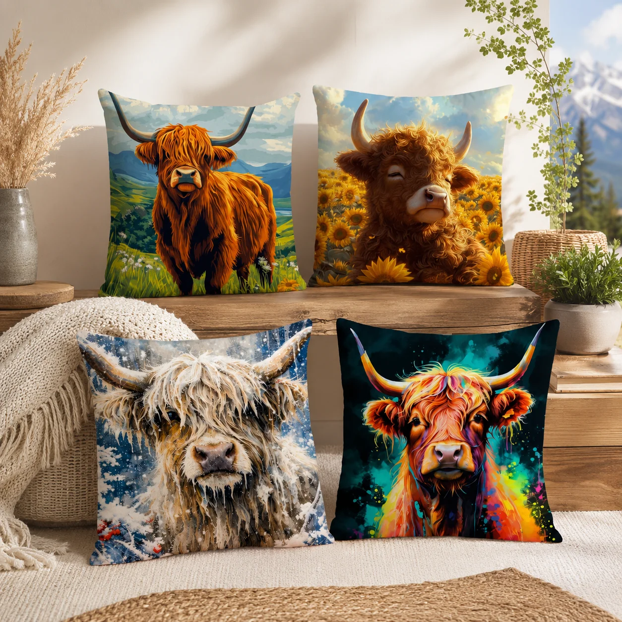 Funny Animals Highland Cow1 Cushion Cover Silky Short Plush With Invisible Zipper Dustproof Sofa Pillow Cover For Home Decor