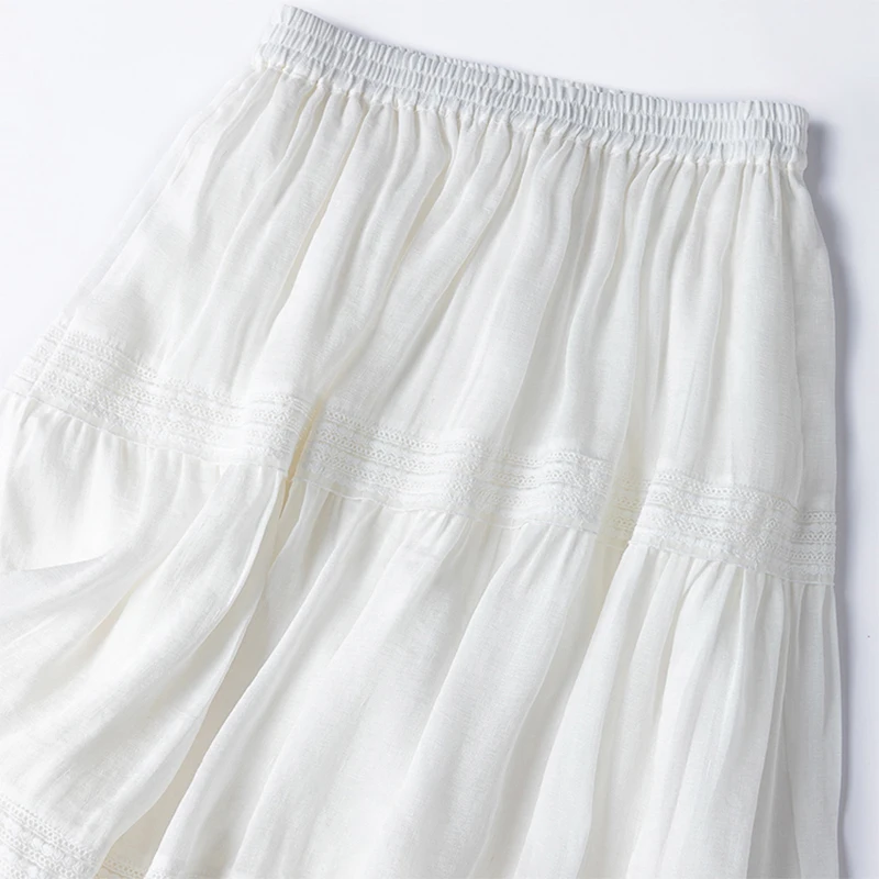 50% Mulberry Silk 50% Linen Women Skirt White Embroidery Office Lady Skirts with Lining Summer Beach Big Hem M1493