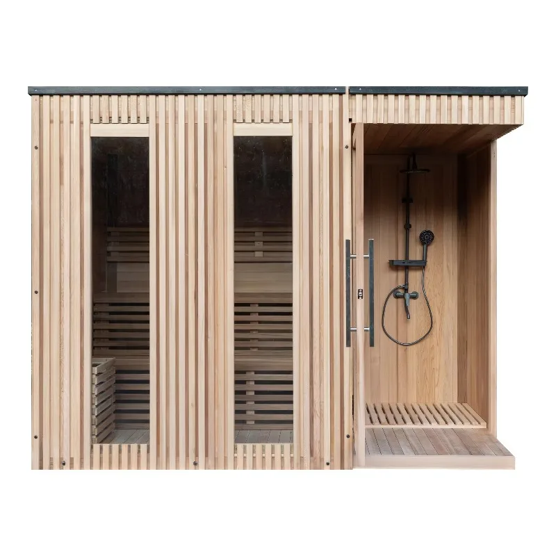 Customized Panoramic Glass 3 Person Wood Shower Sauna Combo Indoor Sauna Outdoor with Shower for Family Garden