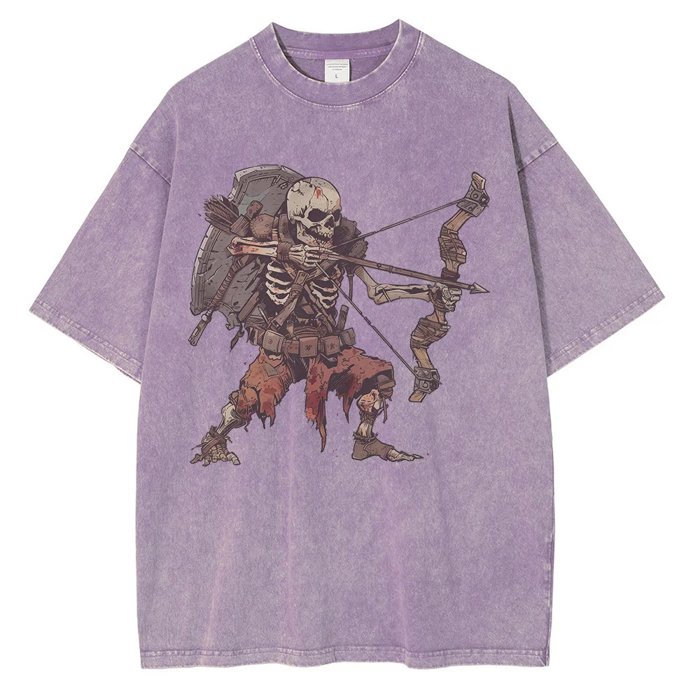 Skeleton Undead Warrior Graphic T Shirts Dark Dungeon Comic Print Oversized Men‘s T-shirt Retro Distressed Washed Cotton Tops