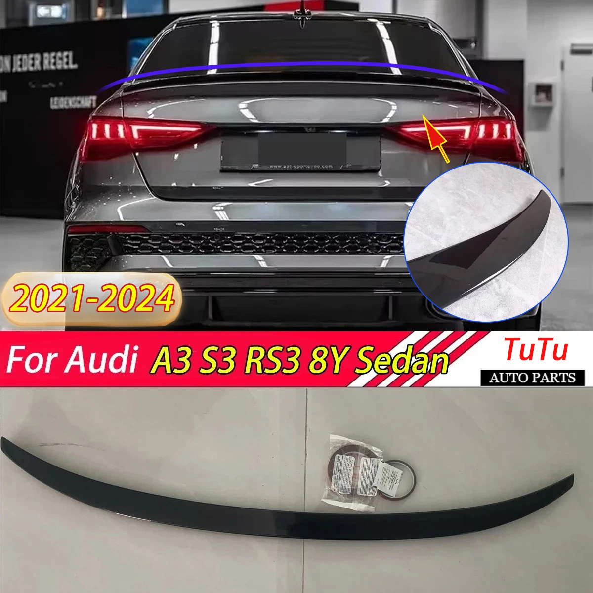 

Rear Top Spoiler Wing for Audi A3 S3 RS3 8Y Sedan 2021-2024 Car Trunk Roof Lip Diffuser Cap Tail Wings Body kits Accessories