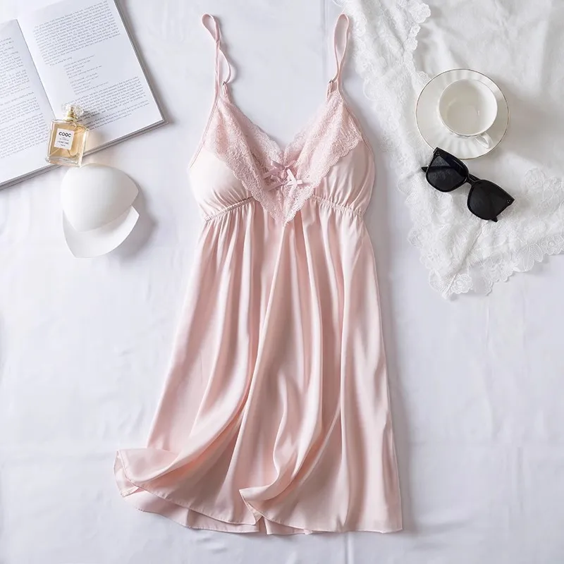 Sexy Strap Nightgown Summer Sleepwear Dress Sleeveless Lace Lingerie Women Dressing Gown Underwear Rayon Satin Homedress