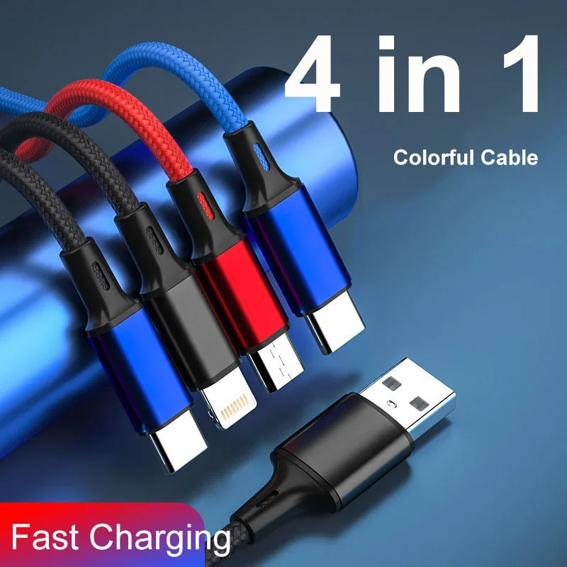 4 in 1 Multi Charging Cable Fast Charging Braided USB Cord IP Type C Micro for iPhone 15 14 13 Pro Max Android Huawei Samsung