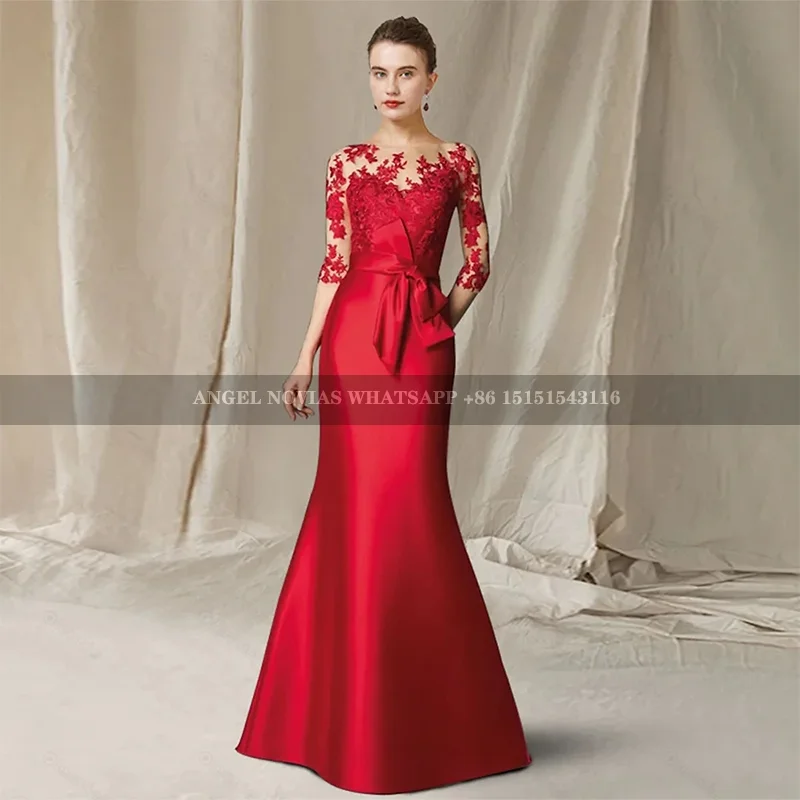 Long Mermaid Red Mother of the Bride Dresses with Sleeves Wedding Party Gowns vestidos de fiestas elegantes mujer