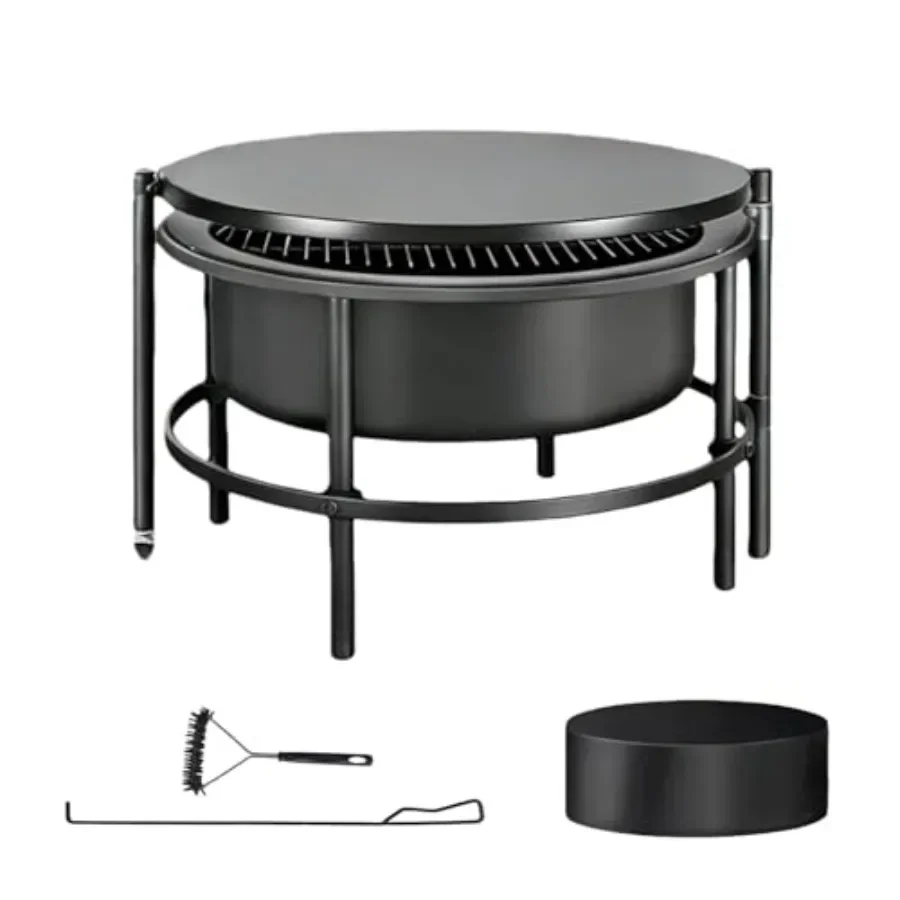 Outdoor Fire Pit for Backyard Use, Cold-finished Steel Bowl, Black, Rotating BBQ Grill Table with Complete Accessories