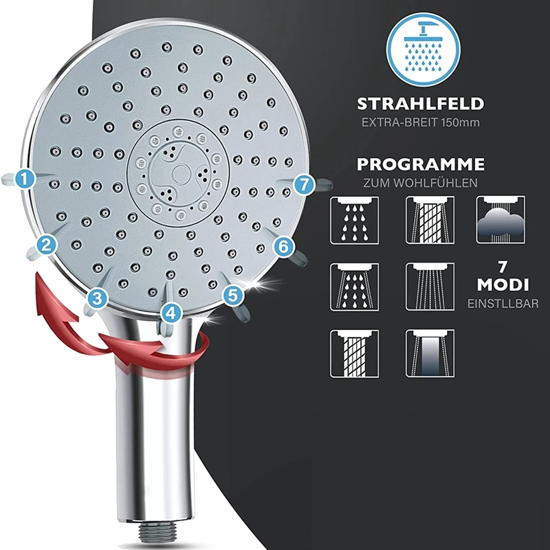 Shower Head With Hose Shower Head Including Water Limiter Chrome Hand Shower With 7 Different Jet Types. Energy-Saving