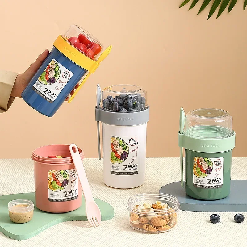 Portable Salad Cups with Lid And Fork Plastic Overnight Breakfast Oatmeal Cereal Nut Yogurt Container for School Lunch Box