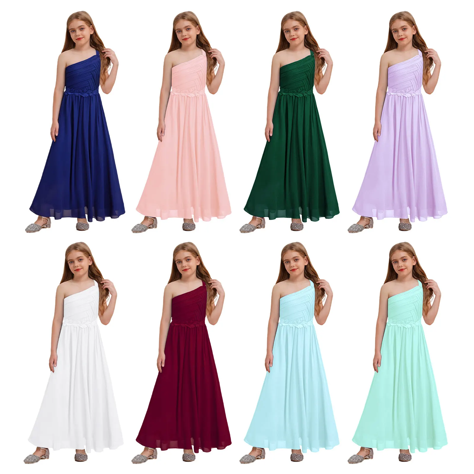 Flower Girls Dress One Shoulder Wedding Bridesmaid Birthday Party Long Maxi Junior Princess Tulle Summer Dress First Communion