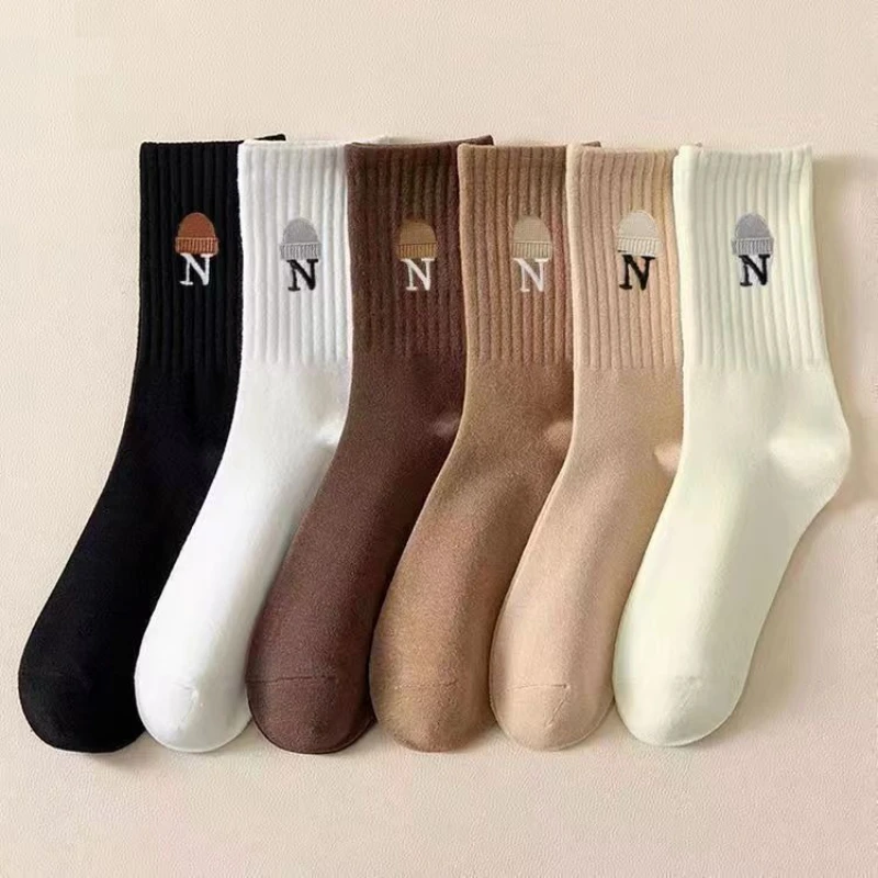 

6 pairs of women's spring autumn mid length socks solid color vertical pattern boneless sports anti slip sweat absorbing socks