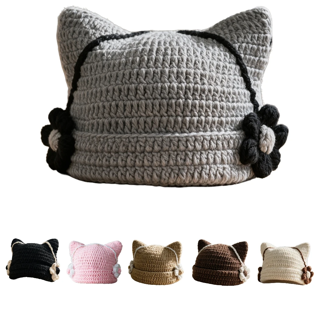 Women Cat Ear Crochet Beanie Handmade 3d Side Flower Decor Knitted Skullies Hat Men Solid Pullover Cap Fashion Headwear For Girl