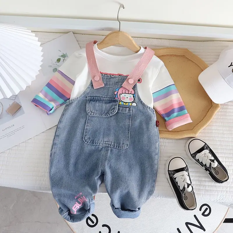 Girls Baby Clothes Set New Korean Children\'s Denim Strap Pants Long Sleeve T-shirt 2-Piece Spring and Autumn