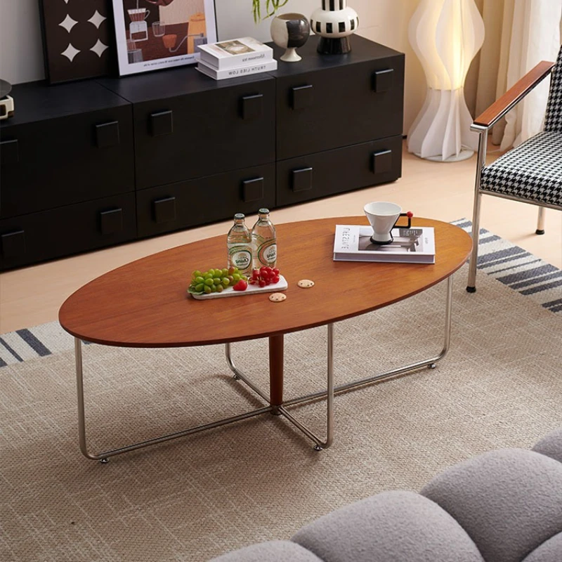 

Coffee table oval simple living room household stainless steel solid wood coffee small apartment tea