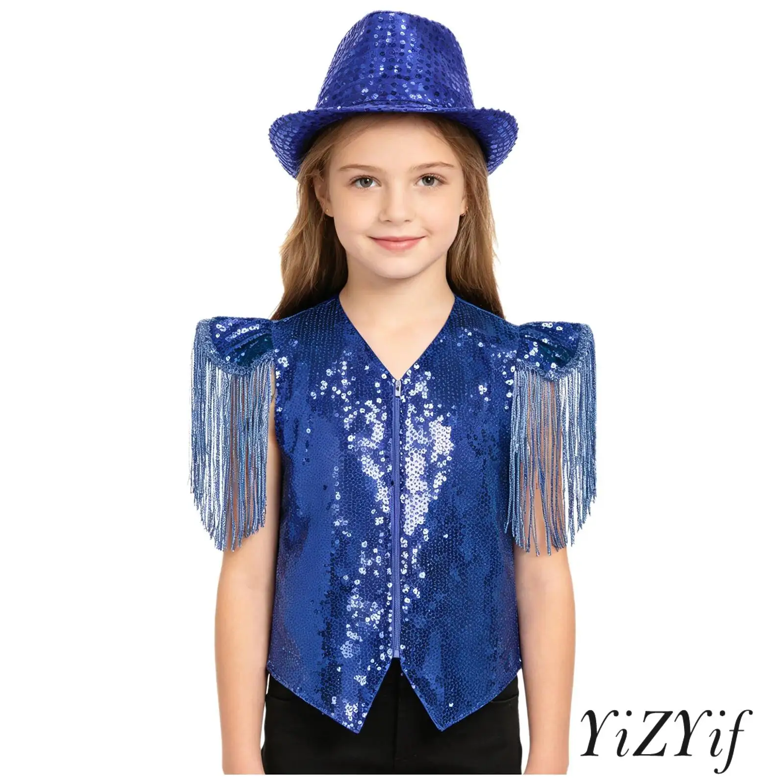 

Girls Boys Jazz Hip Hop Dance Vest Cap Sleeve V Neck Asymmetrical Hem Sequin Patchwork Tassel Metallic with Sequined Hat
