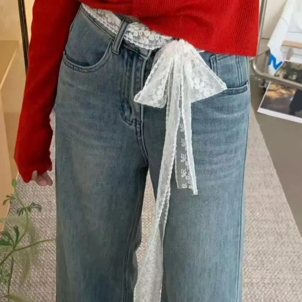 Fashion Y2k Long Lace Waistband Bow Floral Lace Waist Belt Thin Tie Up Dress Jeans Belt Streetwear