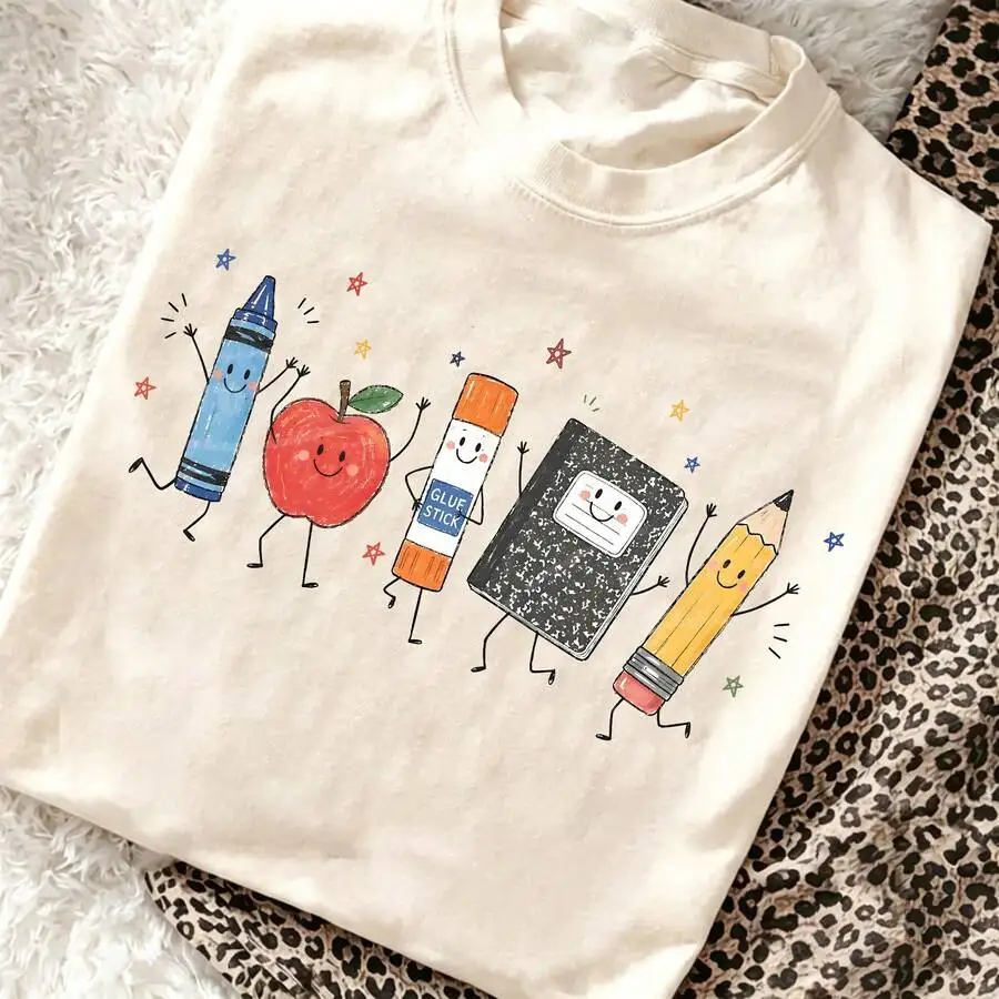 Cute Cartoon School Supplies Graphic Tee Preppy Teacher Student T-Shirt Kindergarten Back To School Top Smiling Apple Crayon Pen