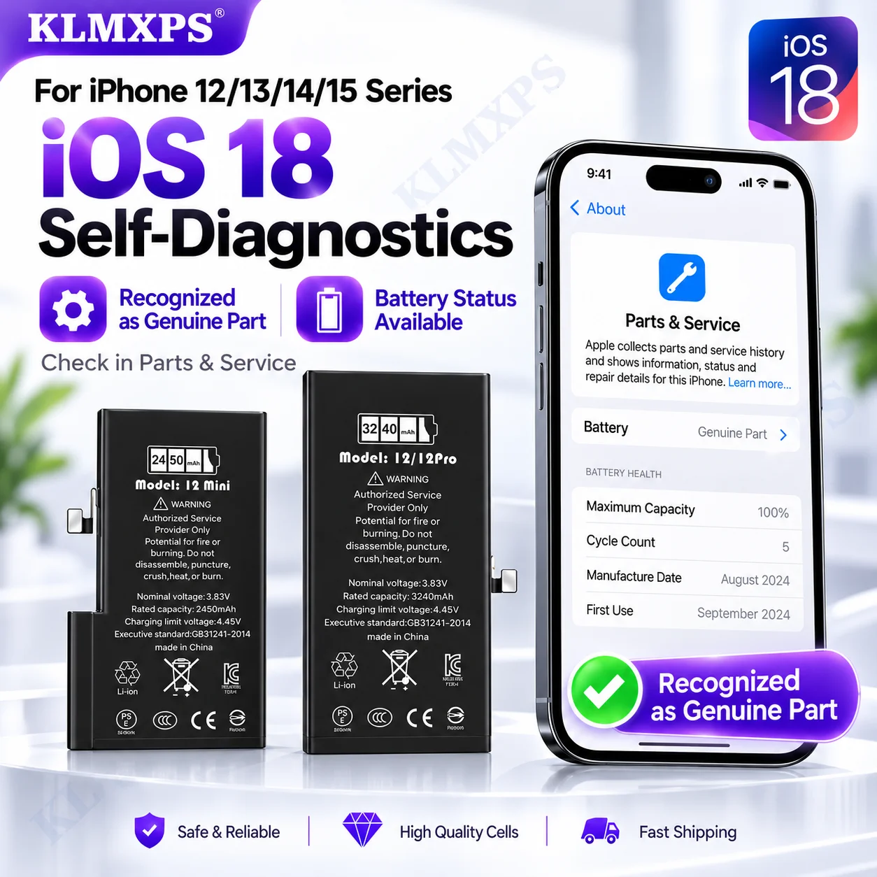 Upgraded Capacity Battery for iPhone 12 13 14 15 Series, iOS 18 Self Diagnostic Recognition, Repair Replacement
