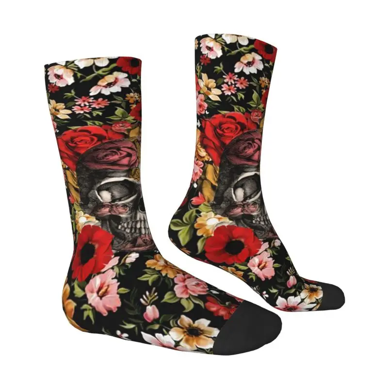 Novelty Printing Bloom Floral Skull With Roses Daisies Socks for Women Men Stretch Summer Autumn Winter Sugar Skull Crew Socks